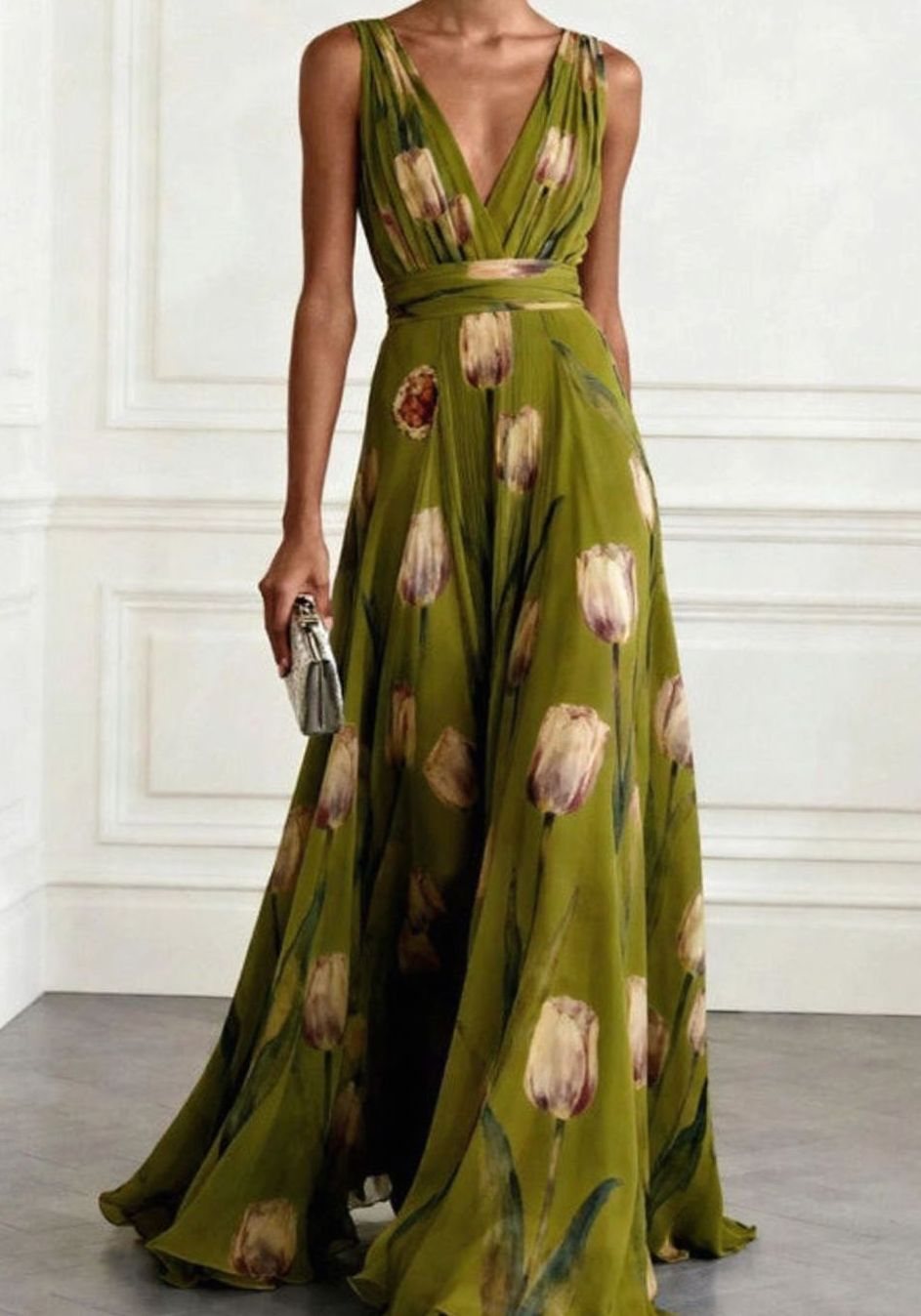 Iris | Floral Tulip Print Chiffon V-Neck Maxi Party Dress