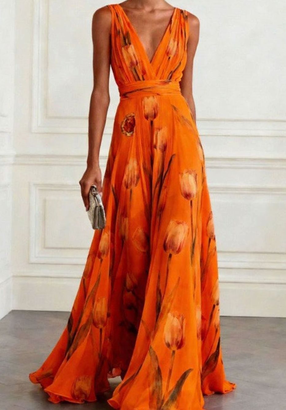 Iris | Floral Tulip Print Chiffon V-Neck Maxi Party Dress