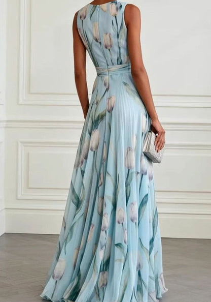Iris | Floral Tulip Print Chiffon V-Neck Maxi Party Dress