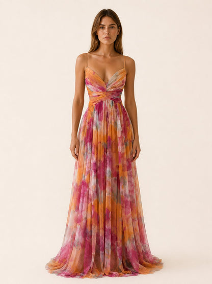 Bridget | Floral V-Neck Slim Strap Maxi Wedding Guest Dress