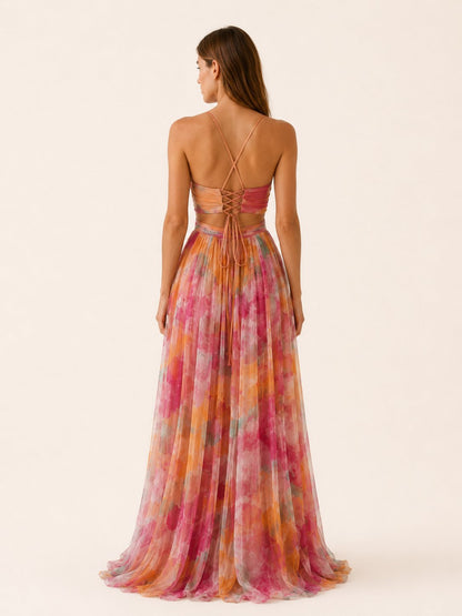 Bridget | Floral V-Neck Slim Strap Maxi Wedding Guest Dress