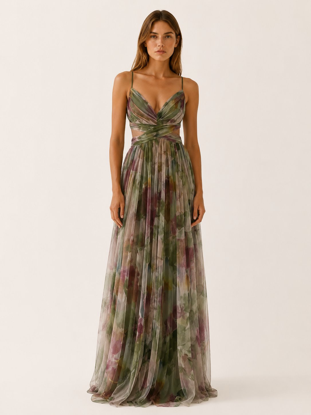 Bridget | Floral V-Neck Slim Strap Maxi Wedding Guest Dress