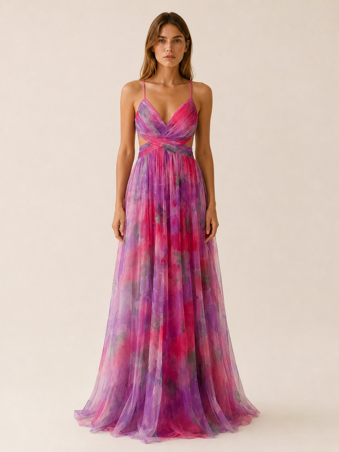 Bridget | Floral V-Neck Slim Strap Maxi Wedding Guest Dress