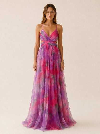 Bridget | Floral V-Neck Slim Strap Maxi Wedding Guest Dress