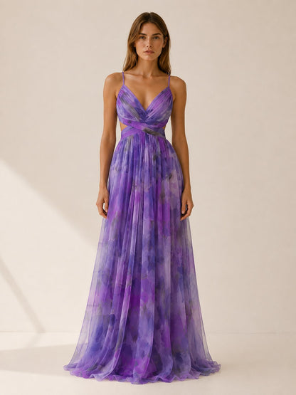 Bridget | Floral V-Neck Slim Strap Maxi Wedding Guest Dress