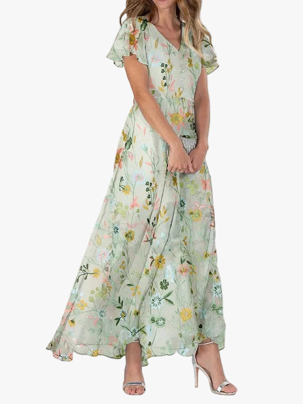 Marigold | Floral V-Neck Flutter Sleeve Maxi Dress