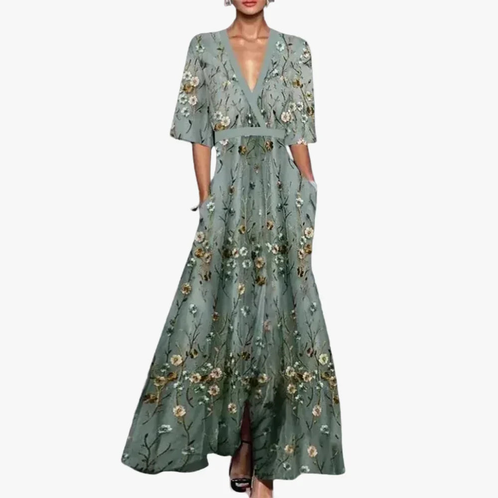 Fleur | Embroidered Floral V-Neck Maxi Dress with Pockets