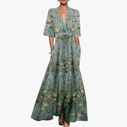 Fleur | Embroidered Floral V-Neck Maxi Dress with Pockets