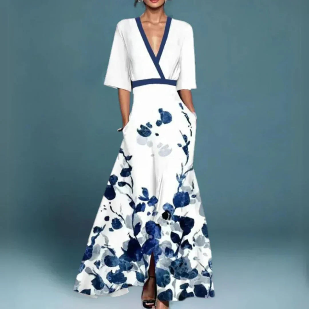 Fleur | Embroidered Floral V-Neck Maxi Dress with Pockets