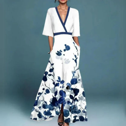 Fleur | Embroidered Floral V-Neck Maxi Dress with Pockets