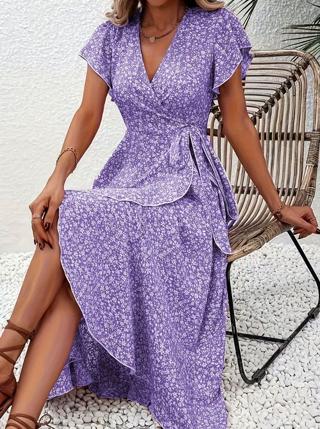 Hazel | Floral Wrap Ruffle V-Neck Maxi Wedding Guest Dress