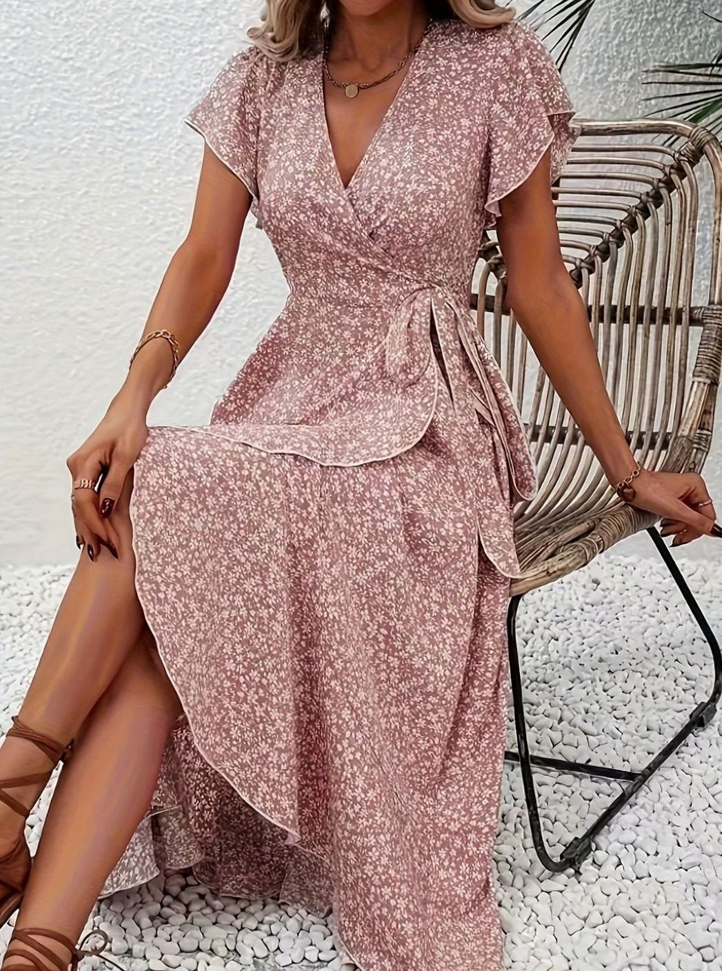 Hazel | Floral Wrap Ruffle V-Neck Maxi Wedding Guest Dress