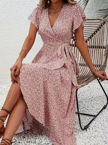 Hazel | Floral Wrap Ruffle V-Neck Maxi Wedding Guest Dress