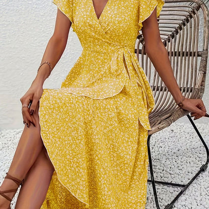 Hazel | Floral Wrap Ruffle V-Neck Maxi Wedding Guest Dress
