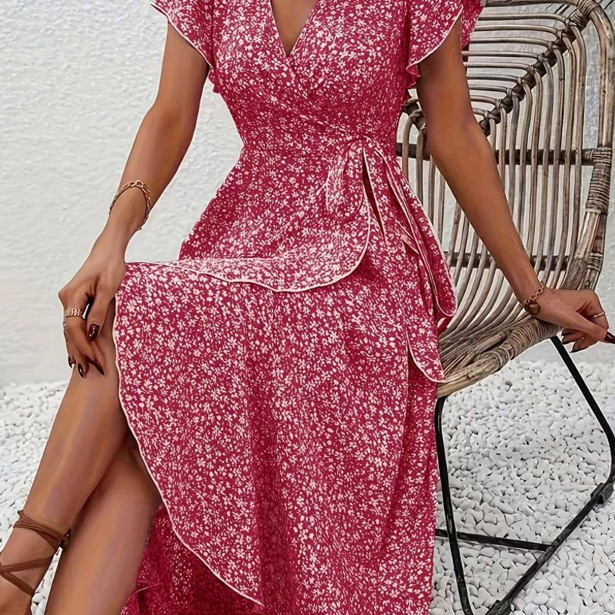 Hazel | Floral Wrap Ruffle V-Neck Maxi Wedding Guest Dress
