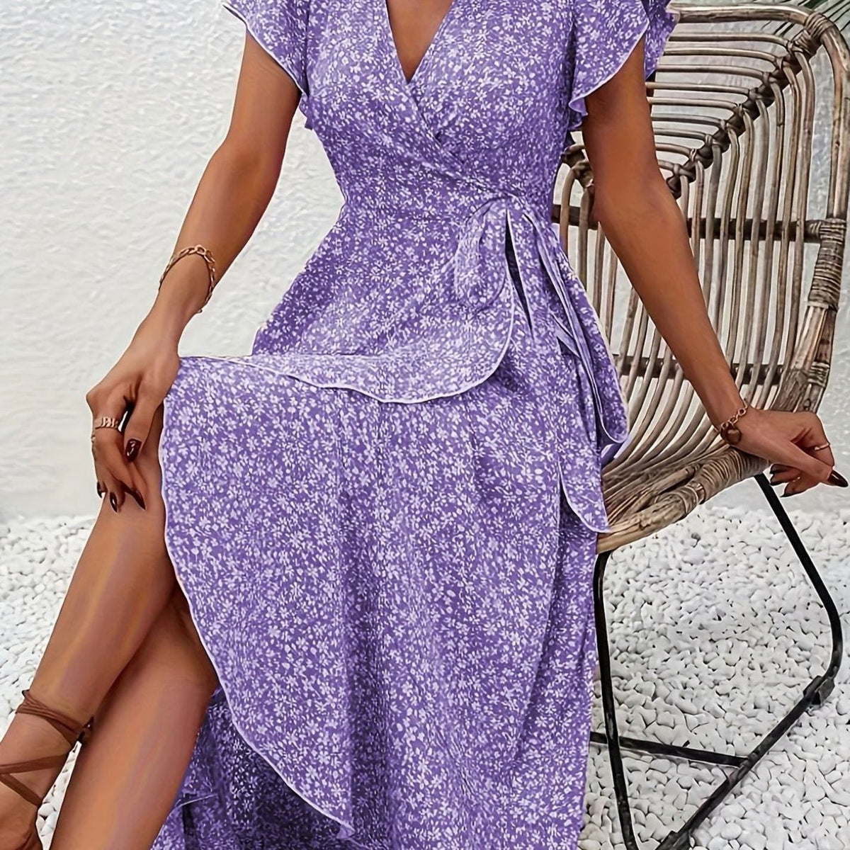 Hazel | Floral Wrap Ruffle V-Neck Maxi Wedding Guest Dress