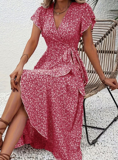Hazel | Floral Wrap Ruffle V-Neck Maxi Wedding Guest Dress