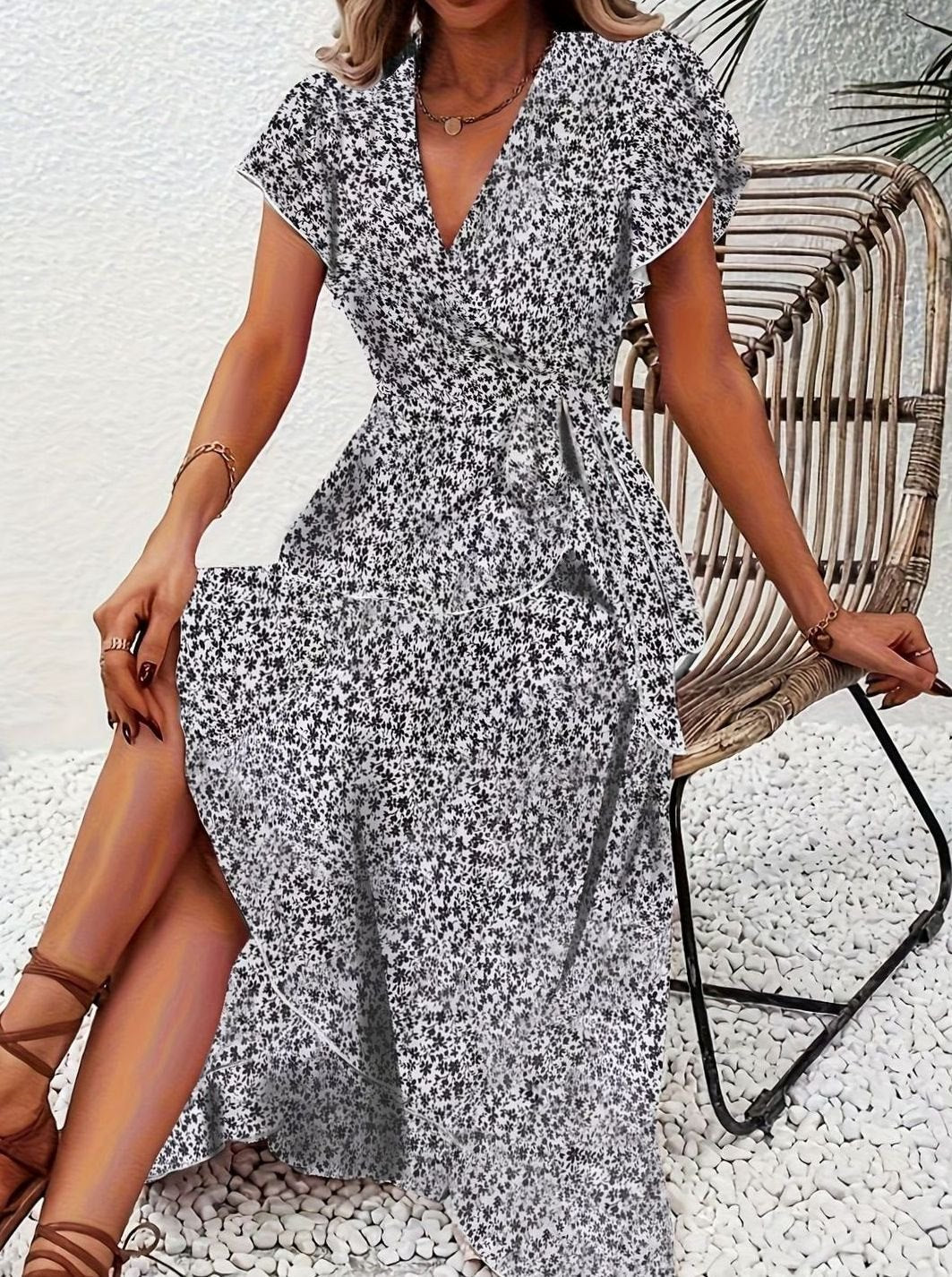 Hazel | Floral Wrap Ruffle V-Neck Maxi Wedding Guest Dress
