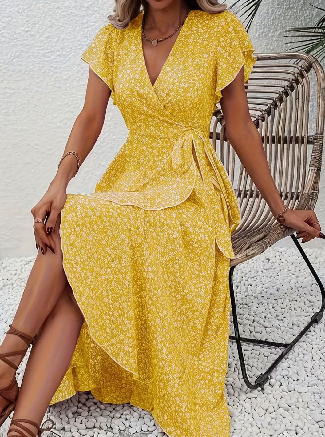 Hazel | Floral Wrap Ruffle V-Neck Maxi Wedding Guest Dress