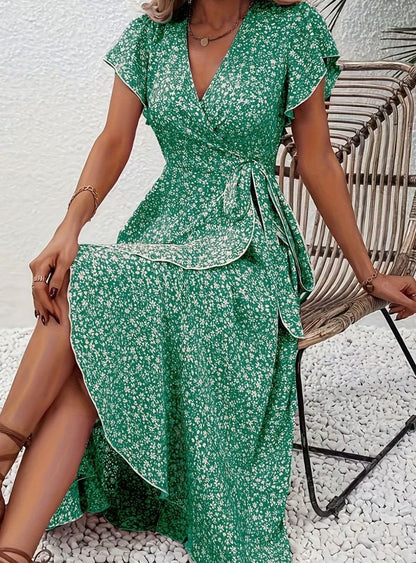 Hazel | Floral Wrap Ruffle V-Neck Maxi Wedding Guest Dress