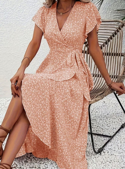 Hazel | Floral Wrap Ruffle V-Neck Maxi Wedding Guest Dress