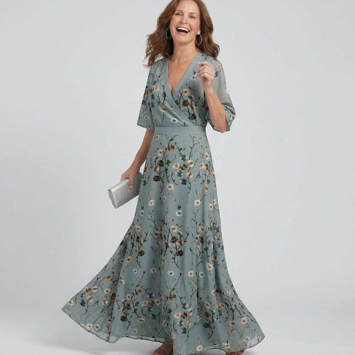 June | Sage Green Floral Wrap V-Neck Flowy Maxi Dress