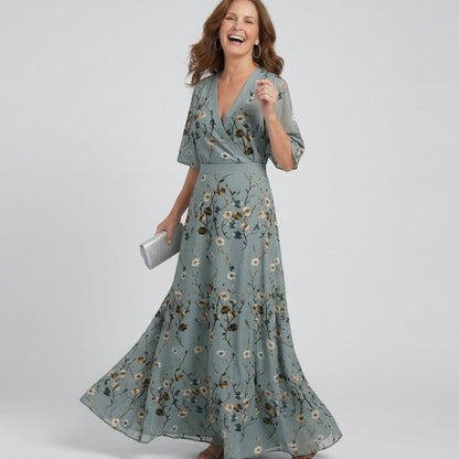 June | Sage Green Floral Wrap V-Neck Flowy Maxi Dress