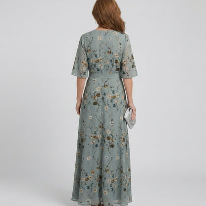 June | Sage Green Floral Wrap V-Neck Flowy Maxi Dress