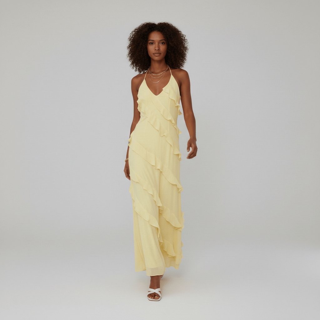 Saoirse | Soft Yellow Halter Neck V-Neck Ruffle Maxi Dress