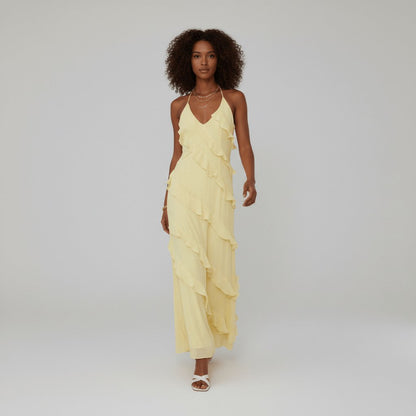 Saoirse | Soft Yellow Halter Neck V-Neck Ruffle Maxi Dress