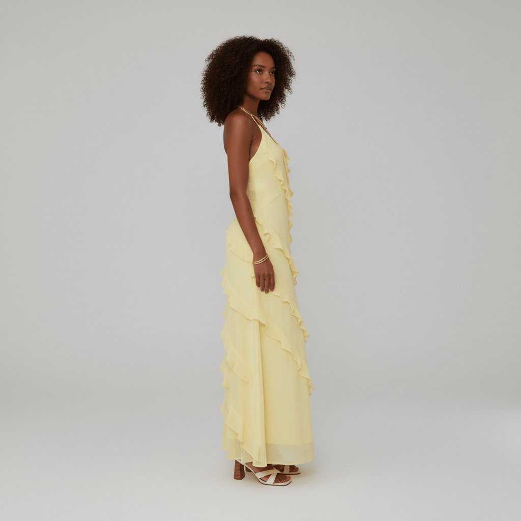 Saoirse | Soft Yellow Halter Neck V-Neck Ruffle Maxi Dress