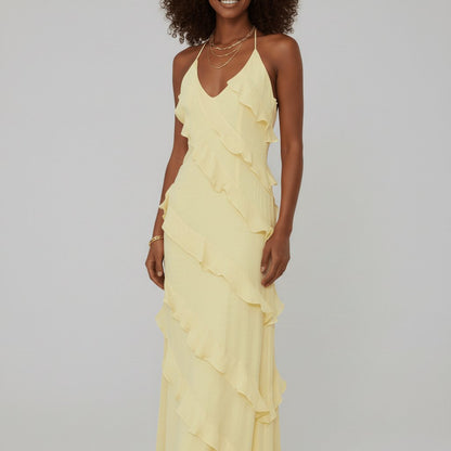 Saoirse | Soft Yellow Halter Neck V-Neck Ruffle Maxi Dress