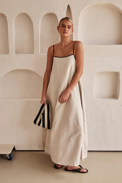 Georgia | Cream Linen Adjustable Strap Maxi Dress with Contrast Trim