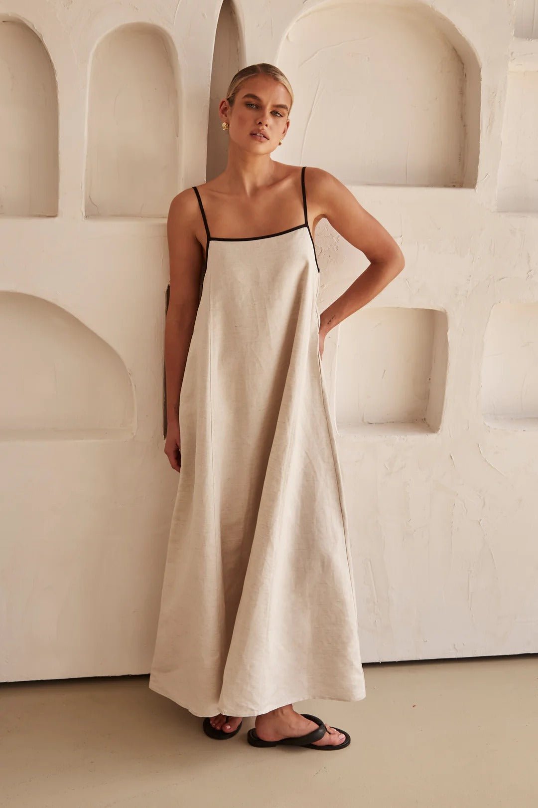Georgia | Cream Linen Adjustable Strap Maxi Dress with Contrast Trim
