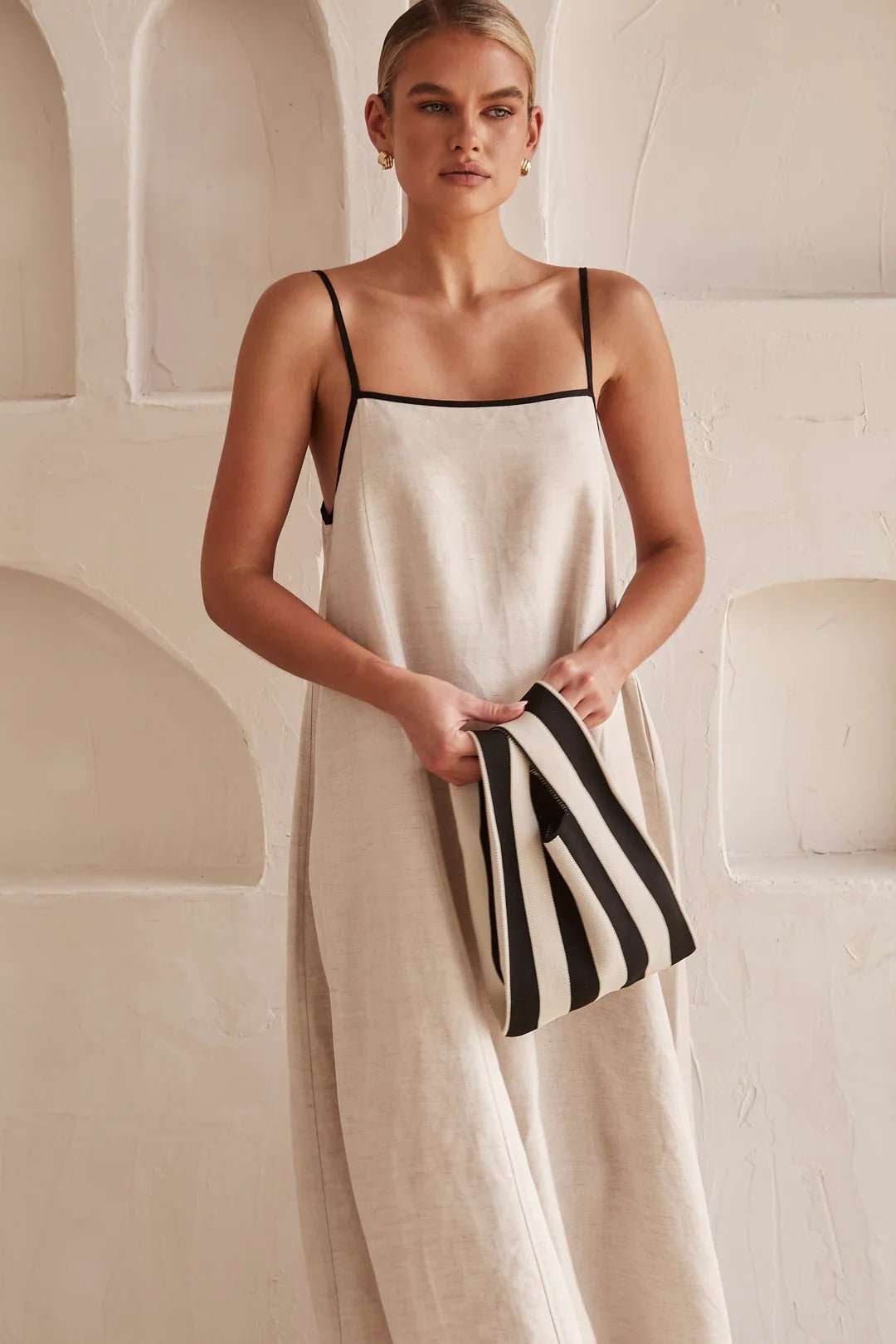 Georgia | Cream Linen Adjustable Strap Maxi Dress with Contrast Trim