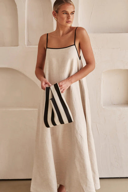 Georgia | Cream Linen Adjustable Strap Maxi Dress with Contrast Trim