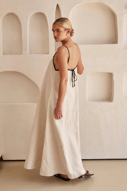 Georgia | Cream Linen Adjustable Strap Maxi Dress with Contrast Trim