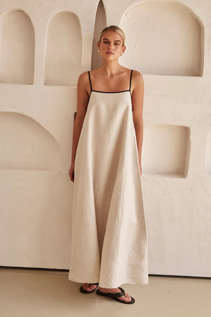 Georgia | Cream Linen Adjustable Strap Maxi Dress with Contrast Trim