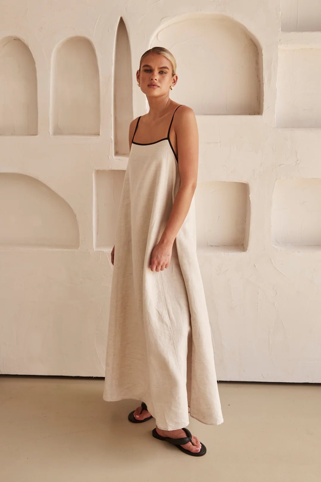 Georgia | Cream Linen Adjustable Strap Maxi Dress with Contrast Trim