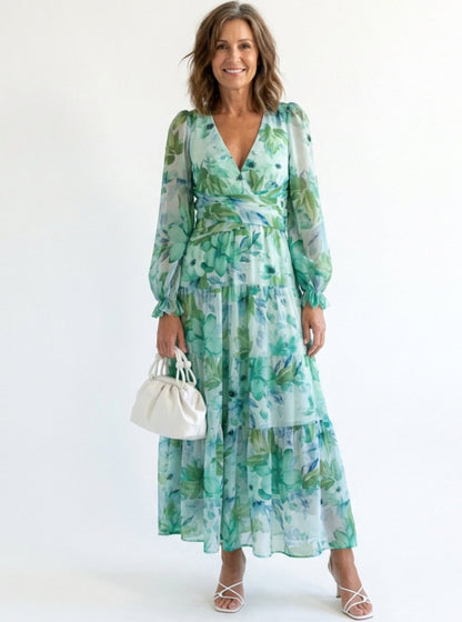 Adeline | Long Sleeve Floral Tiered Chiffon Maxi Dress