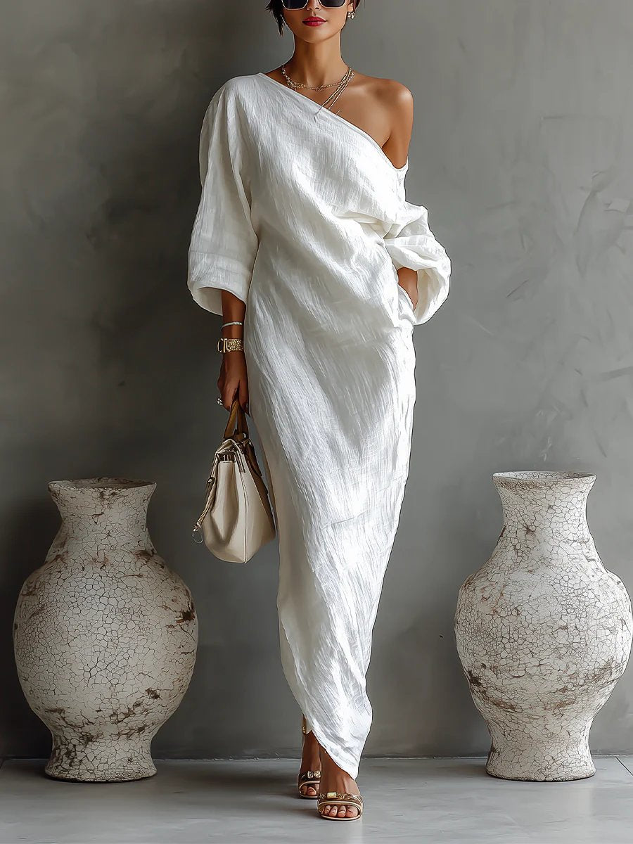 Wilhelmina | Off Shoulder Batwing Sleeve Linen Maxi Dress