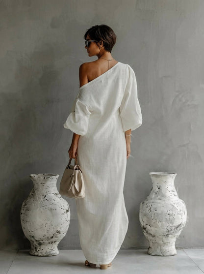 Wilhelmina | Off Shoulder Batwing Sleeve Linen Maxi Dress