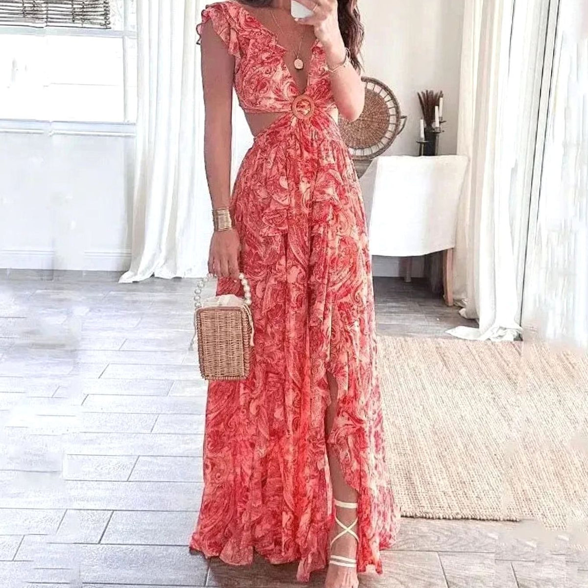 Vera | Paisley Floral V-Neck Cutout Ruffle Maxi Dress