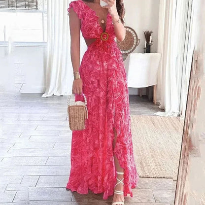 Vera | Paisley Floral V-Neck Cutout Ruffle Maxi Dress