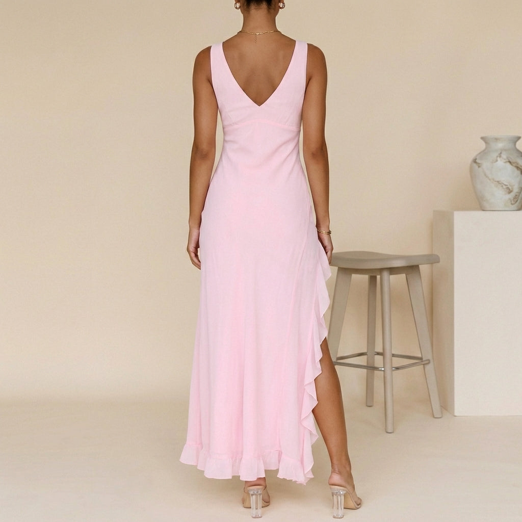 Adeline | Pink Ruffle V-Neck Maxi Dress with Slit