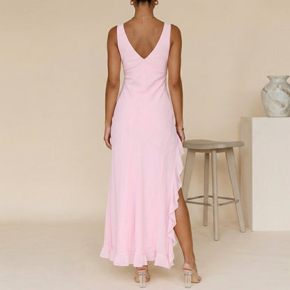 Adeline | Pink Ruffle V-Neck Maxi Dress with Slit
