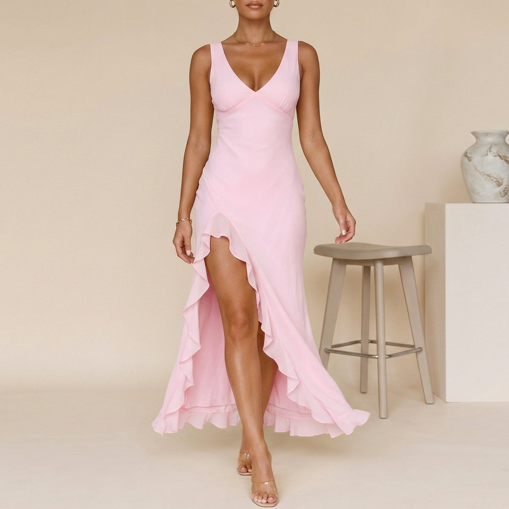 Adeline | Pink Ruffle V-Neck Maxi Dress with Slit