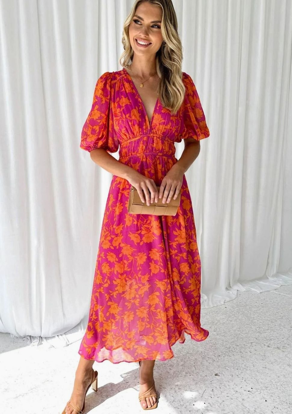 Josephine | Pink Floral V-Neck Short Sleeve Maxi Dress