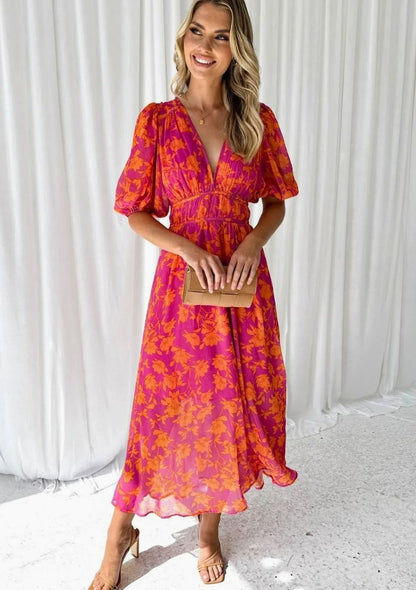 Josephine | Pink Floral V-Neck Short Sleeve Maxi Dress