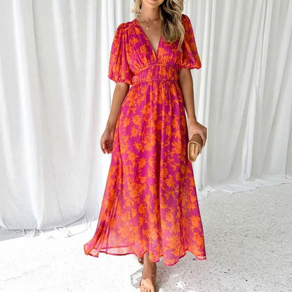 Josephine | Pink Floral V-Neck Short Sleeve Maxi Dress